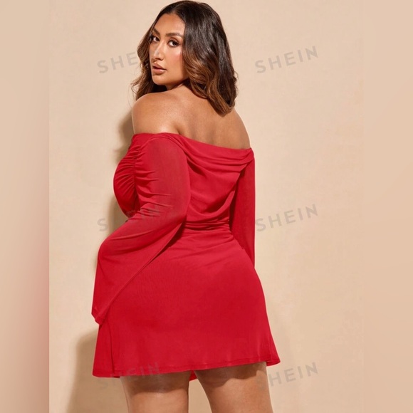 SHEIN Bae Plus Size Romantic Mesh Off-the-Shoulder Dress - Picture 2 of 3